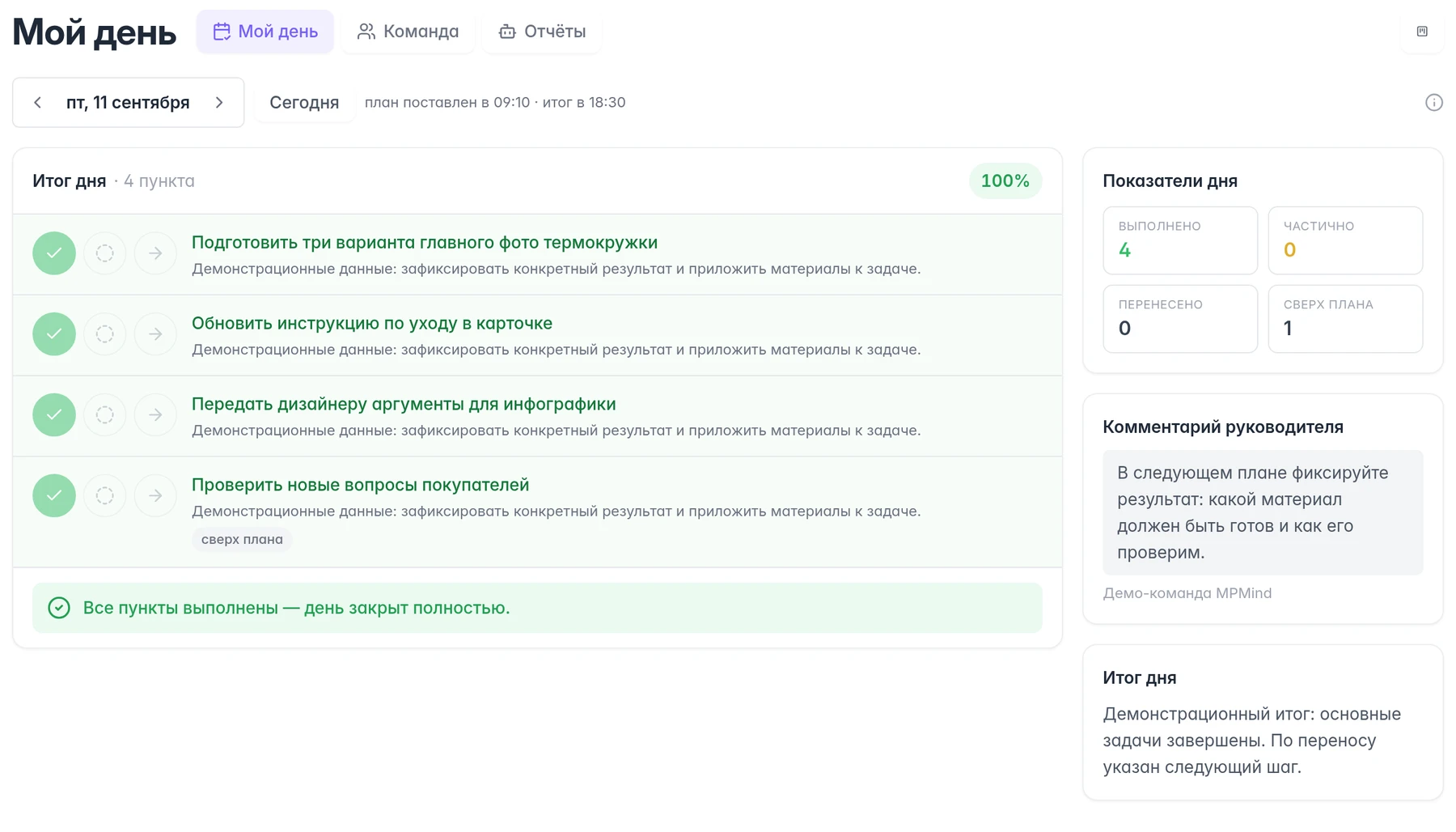 Настоящий экран MPMind: план и итог дня
